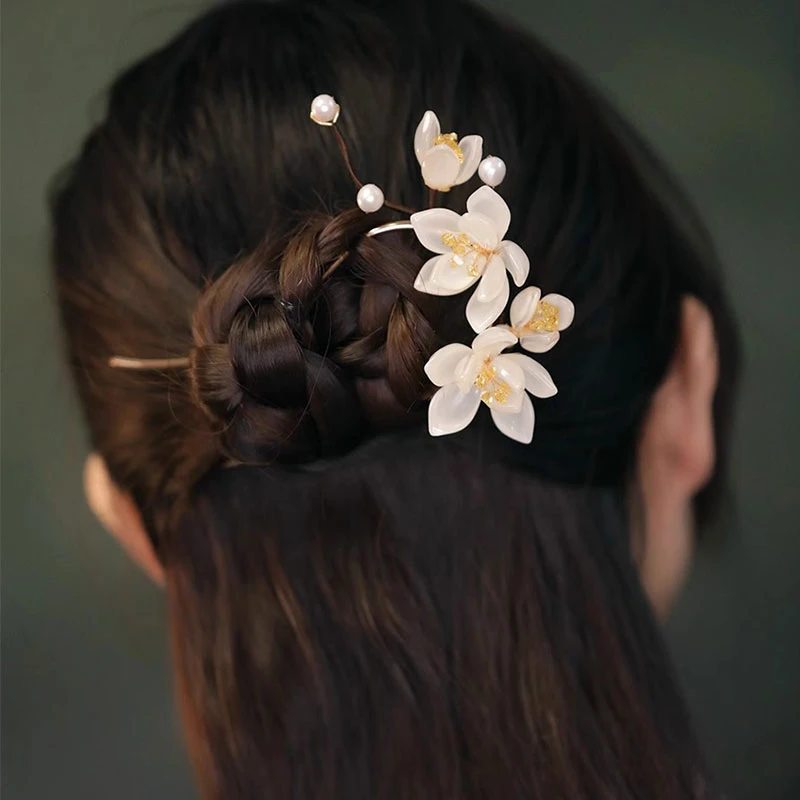 高级感碎玉花朵u型发簪女国风古典气质簪子发钗旗袍茶服配饰发饰