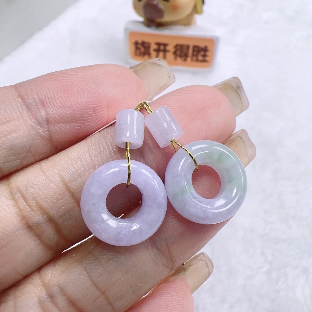 缅甸纯天然A货翡翠春彩甜甜圈耳坠一对 尺寸19.8*14*4.7 A3727
