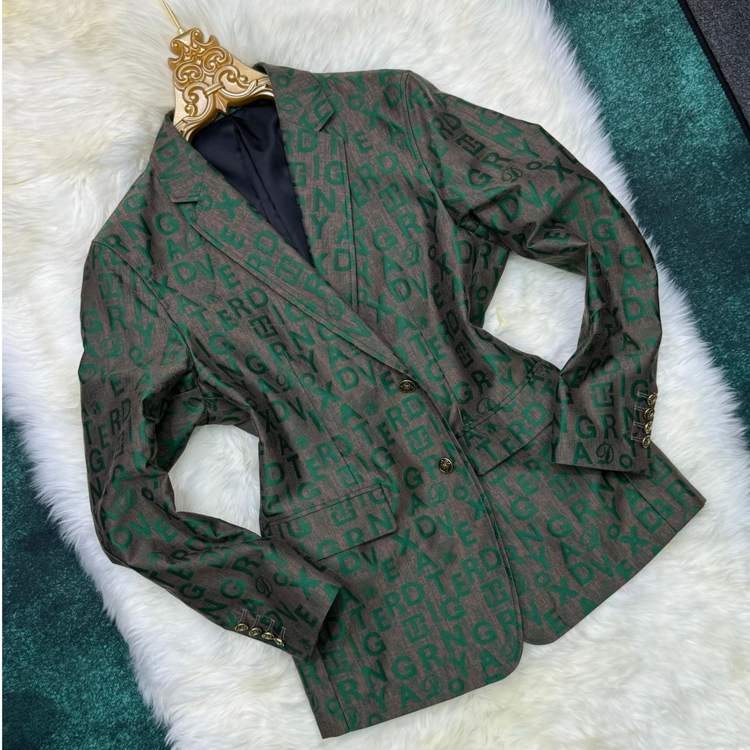 绿色精灵手工定制西装春季男士提花个性开叉时尚印花潮流外套修身