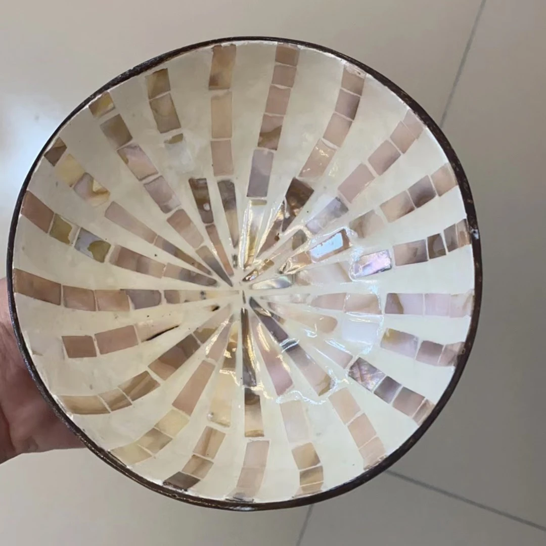 椰子碗手工镶嵌贝壳椰子碗（钻石条纹）