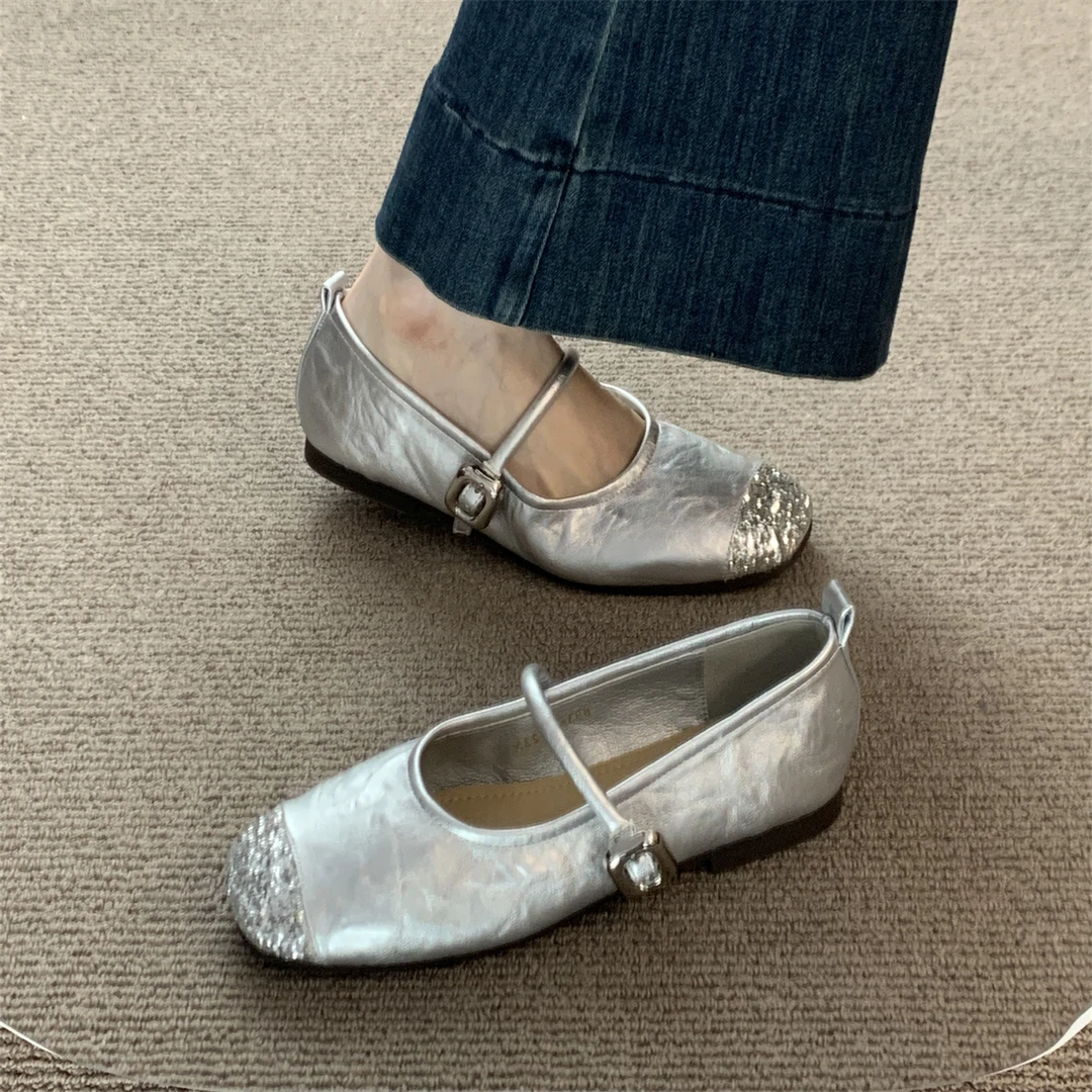 平底银色玛丽珍鞋女鞋2024春秋新款亮片浅口一字带配裙子气质单鞋