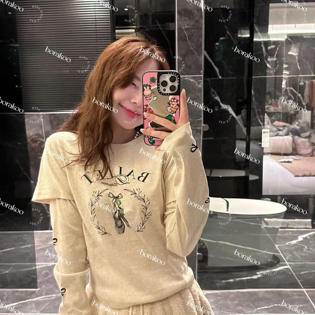 【BORAKOO】燕麦色假两件蝴蝶结字母T恤