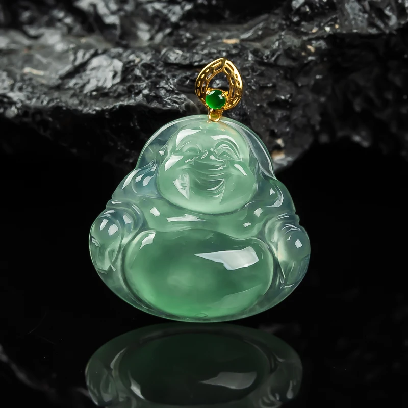 缅甸天然A货18k金镶嵌冰种绿低佛公笑面佛弥陀佛翡翠吊坠挂件俏色
