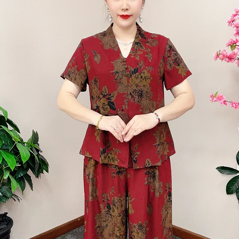 中老年短袖夏装休闲复古中年网红套装老年人老人奶奶大气裙子大码