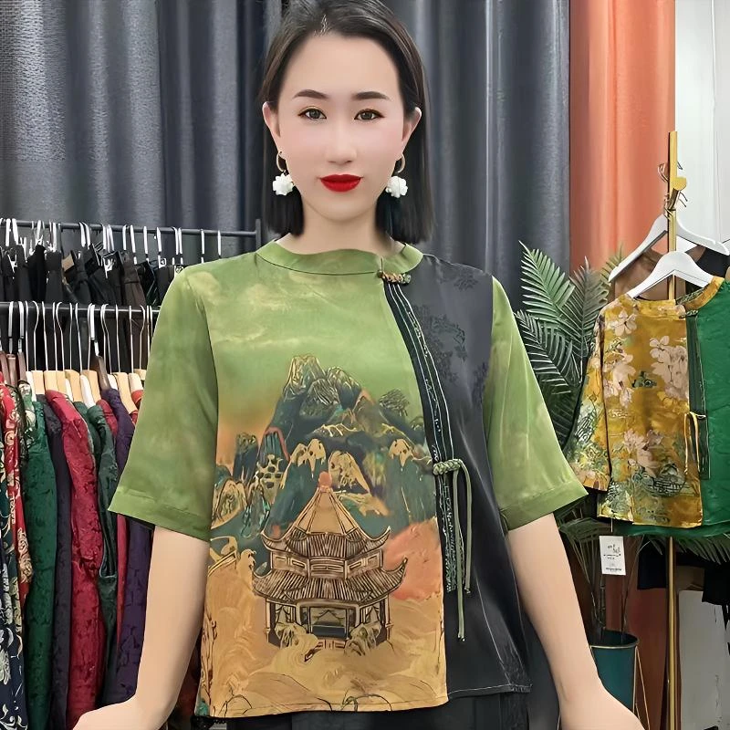 中年女装夏装圆领中袖T恤夏季重磅母亲妈妈装提花洋气中国风70后