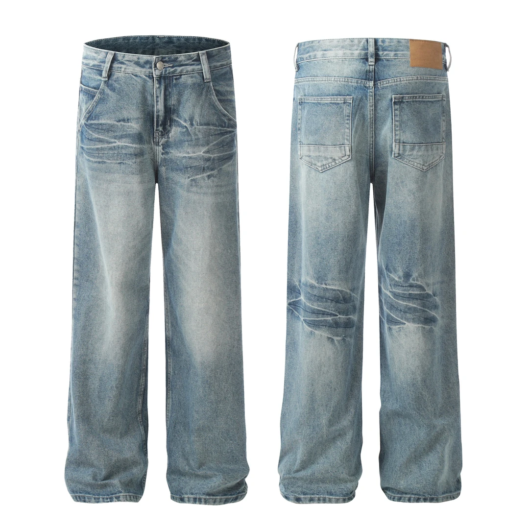 Goinsk 美式复古水洗做旧闪电纹牛仔裤秋男百搭宽松休闲阔腿长裤