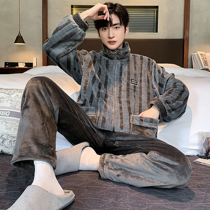 睡衣男冬季珊瑚绒加厚加绒男士秋冬法兰绒男款大码休闲冬款家居服
