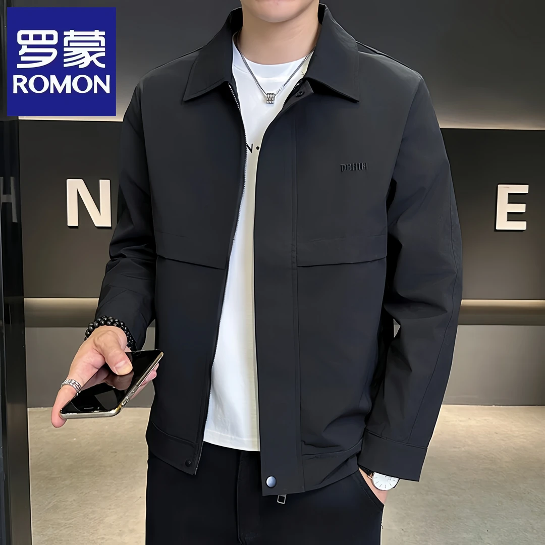 罗蒙春秋季休闲夹克男士翻领韩版商务刺绣外套针织开衫百搭茄克潮