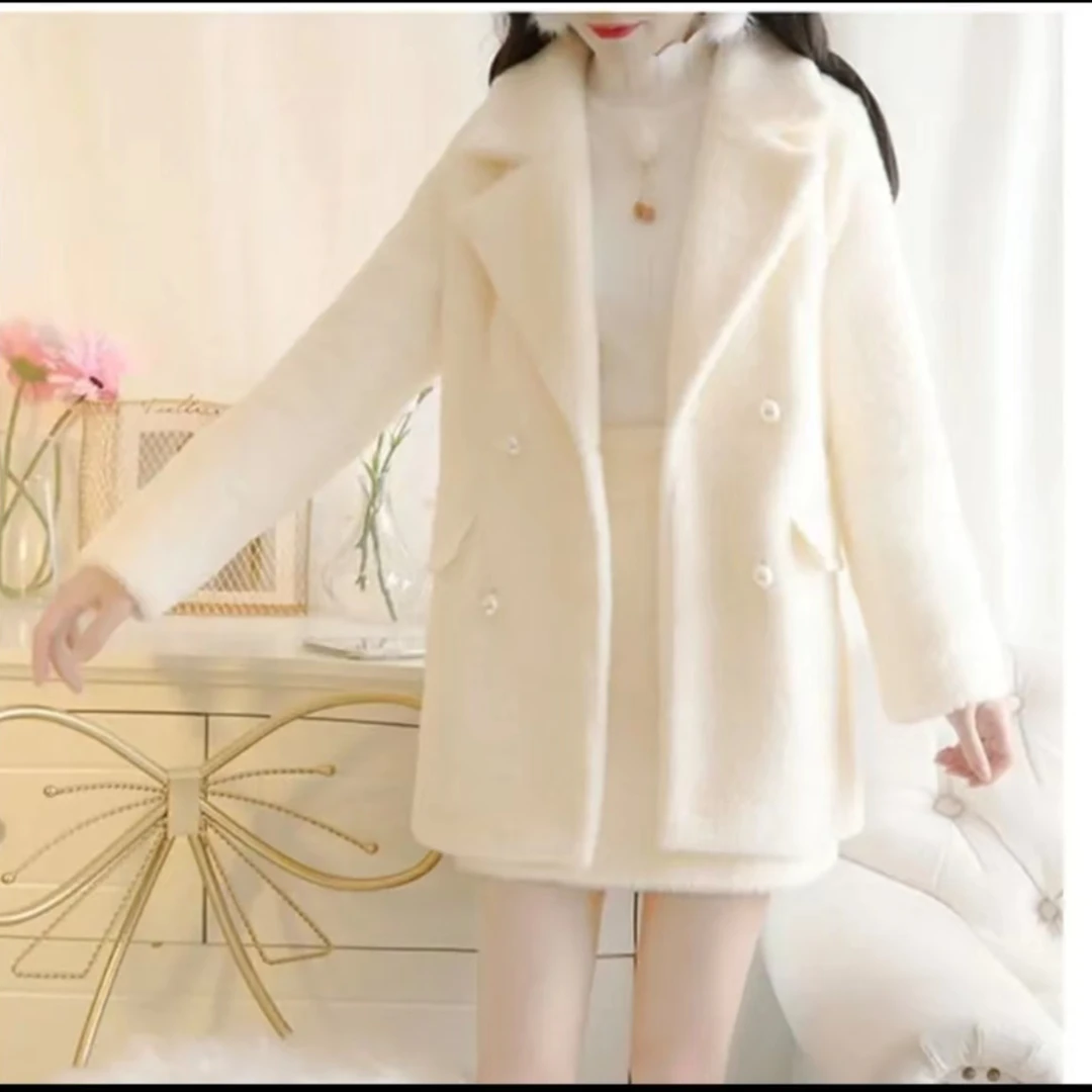 千语栀【聆雪浓意】 软糯韩版冬季水貂绒甜美外套上衣+半身裙两件套