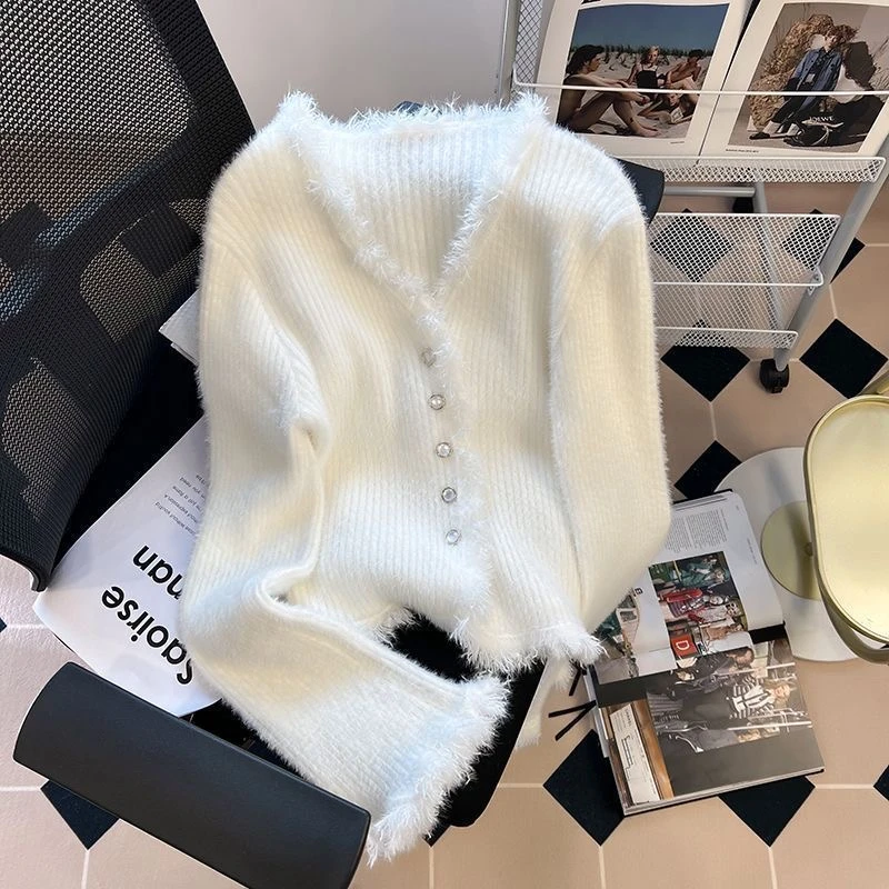 千语栀【皓月银铃】 舒适软fufu日系小香风温柔短款秋冬V领毛衣外套