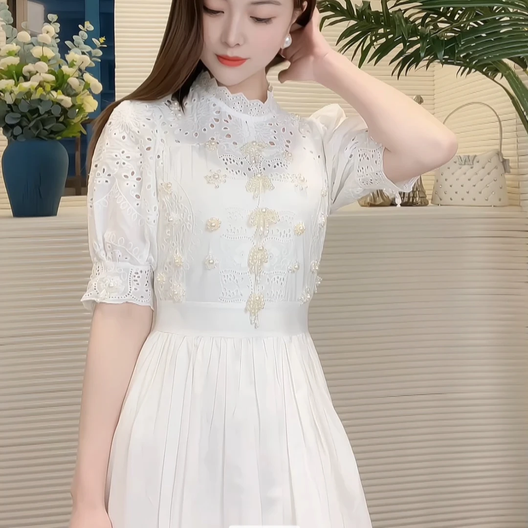 千语栀【白玉兰】高贵轻奢优雅气质连衣裙重工设计小众镂空珍珠长裙