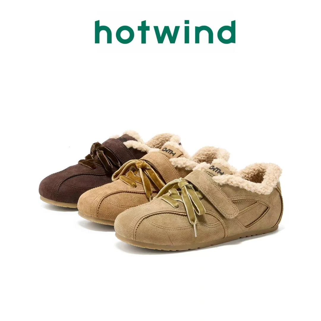 Hotwind/热风休闲德训鞋女2025冬季新款加绒保暖舒适时尚百搭