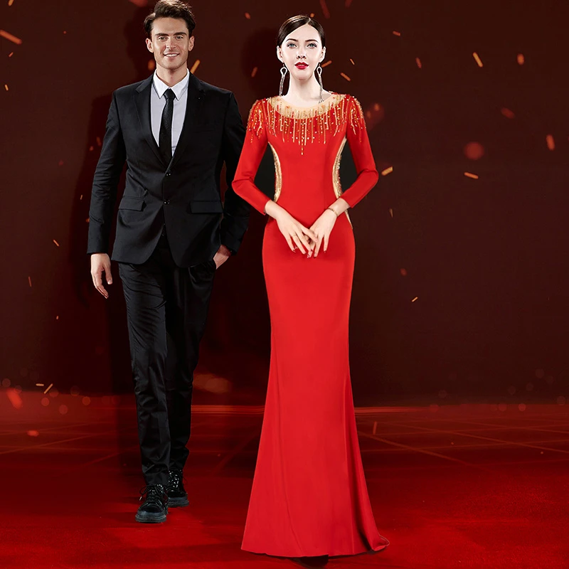 9501修身长款喜婆婆婚宴喜服新款小个子可穿年轻红色宴会装礼服裙