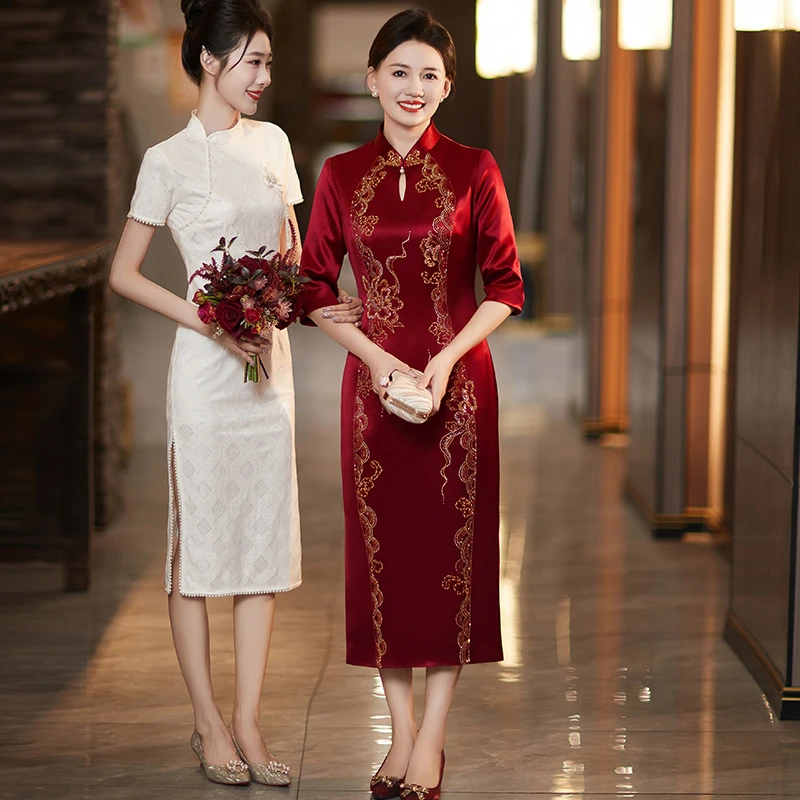 5600高端大气优雅显瘦妈妈装旗袍中式复古酒红色气质宴会中长款女