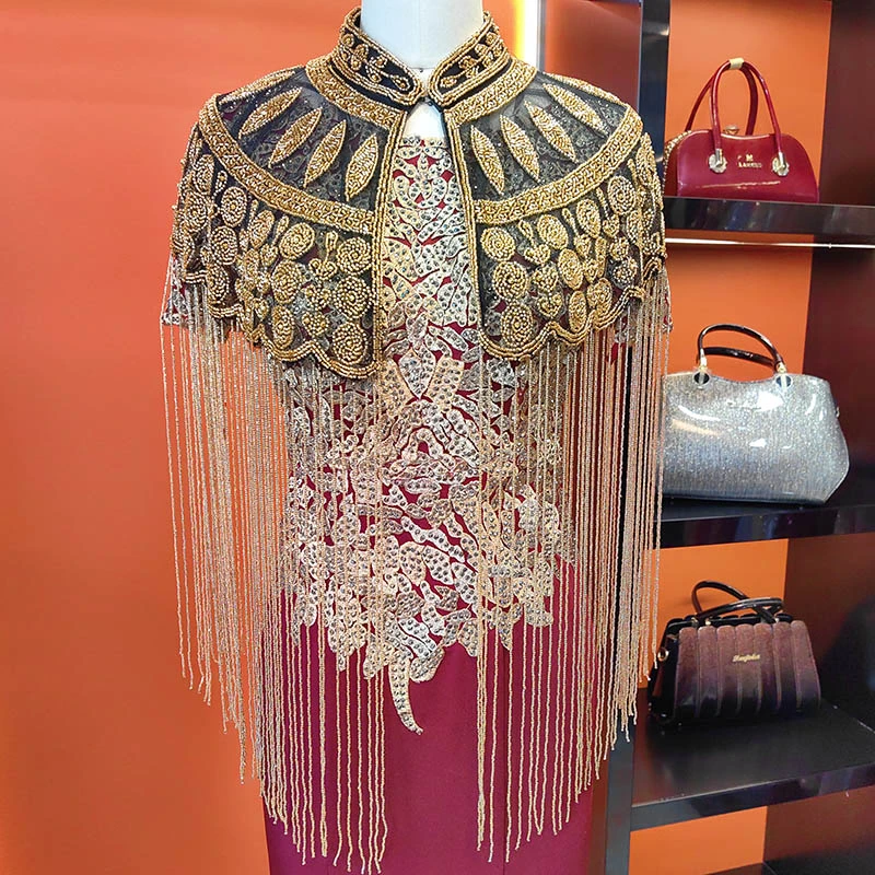 0125重工钉珠长流苏旗袍云肩百搭中式手工礼服女装高端2024新款