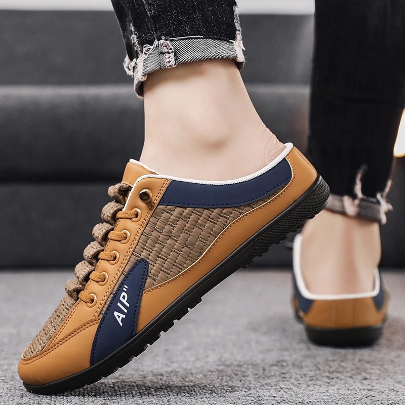 韩版透气懒人鞋休闲百搭防臭拖鞋防滑秋冬包头皮拖鞋大码2024网面