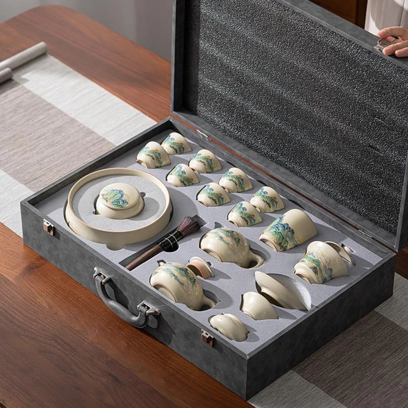 A 129千里江山米开片黄汝窑开片高档茶道中式复古礼盒装大全套