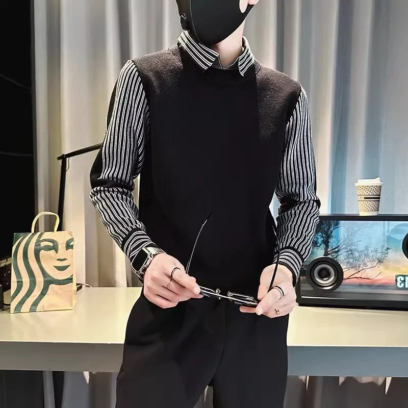 针织衫毛衣修身秋冬季潮牌新款假两件衬衫领条纹衫春装内搭上衣服