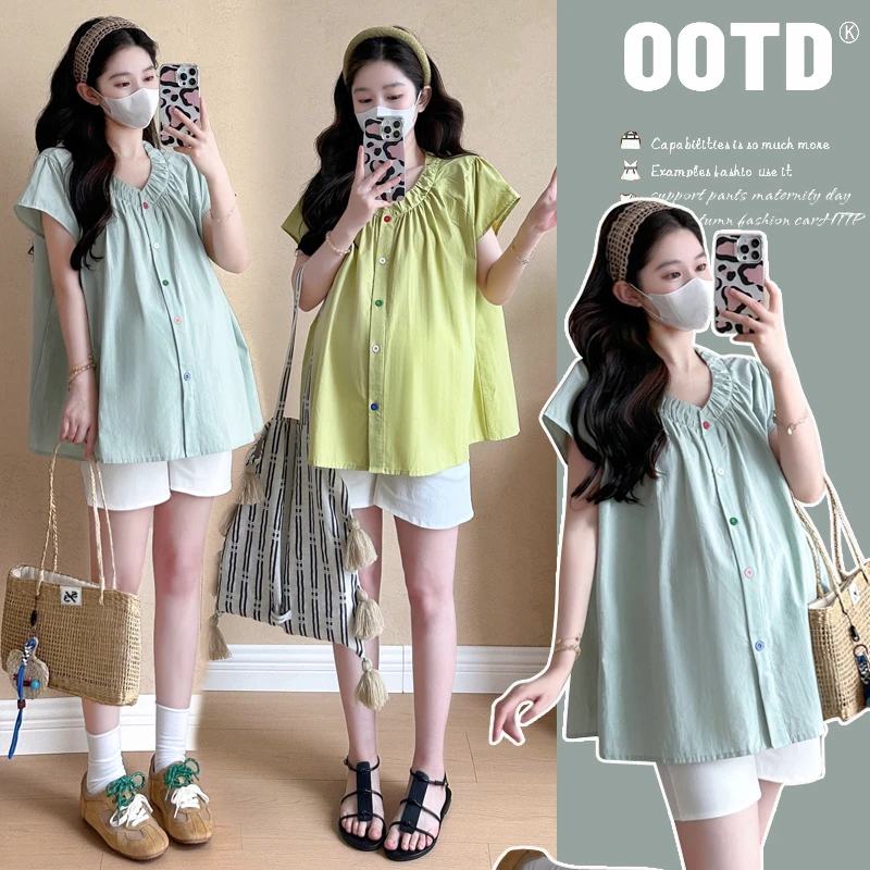 孕妇韩版V领飞飞袖甜美减龄娃娃衫上衣洋气时尚休闲宽松夏季气质