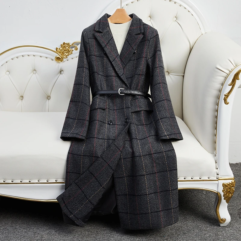 格子呢大衣外套女2021秋冬新款复古长款设计师毛呢时尚大衣配腰带