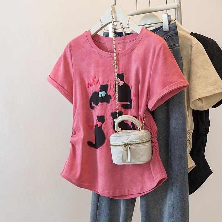 大码女装2024夏季新款时尚休闲猫咪蝴蝶结短袖T恤上衣1378