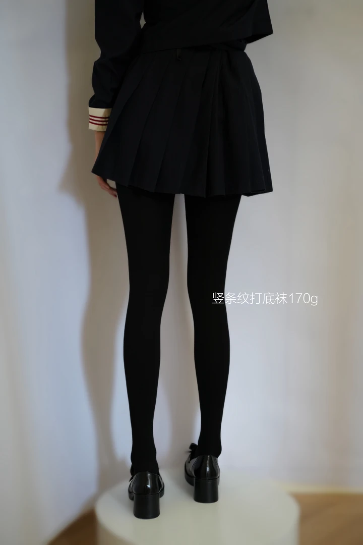 “哑光厚黑“竖条纹打底袜棉质螺纹面料袜子不反光
