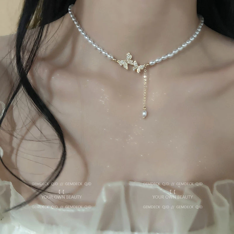复古轻奢蝴蝶珍珠项链女吊坠小众设计高级感气质锁骨颈链choker