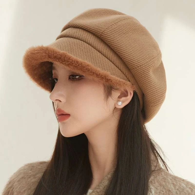毛绒贝雷帽女2025新款秋冬八角帽加厚堆堆帽子冬季云朵帽渔夫帽