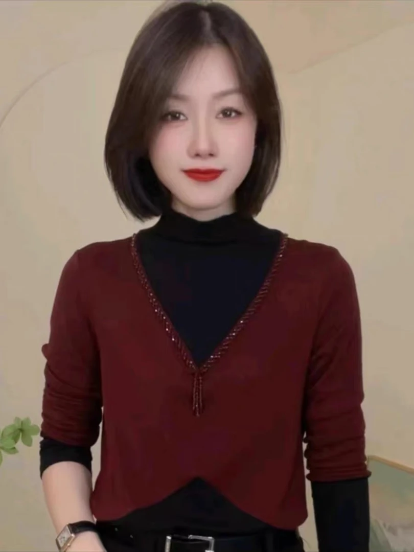 2024秋冬新款半高领拼色串珠长袖打底气质小衫#2034