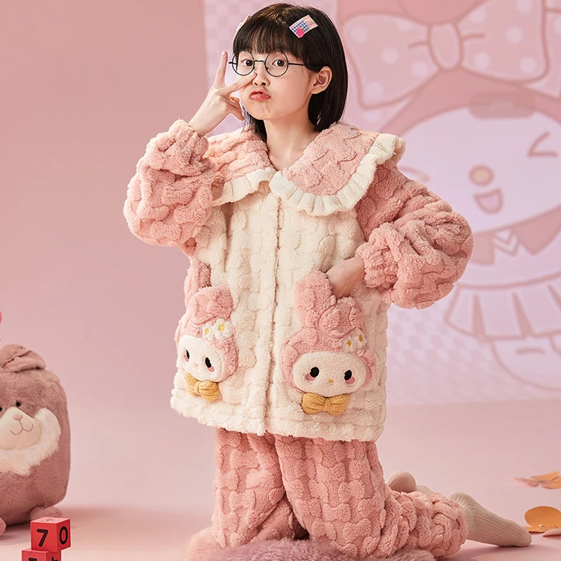 儿童睡衣开衫蝴蝶领女童冬季绒款卡通小兔子加厚保暖珊瑚绒家居服