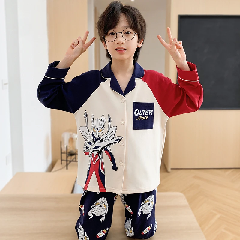 儿童开衫睡衣套装春秋季男童纯棉V领中大童翻领奥特曼家居服6-12