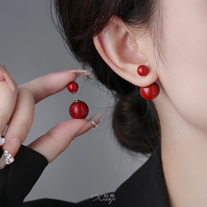 铜合金耳饰 03516 简约气质时尚圆珠耳环设计感前后两戴百搭耳饰