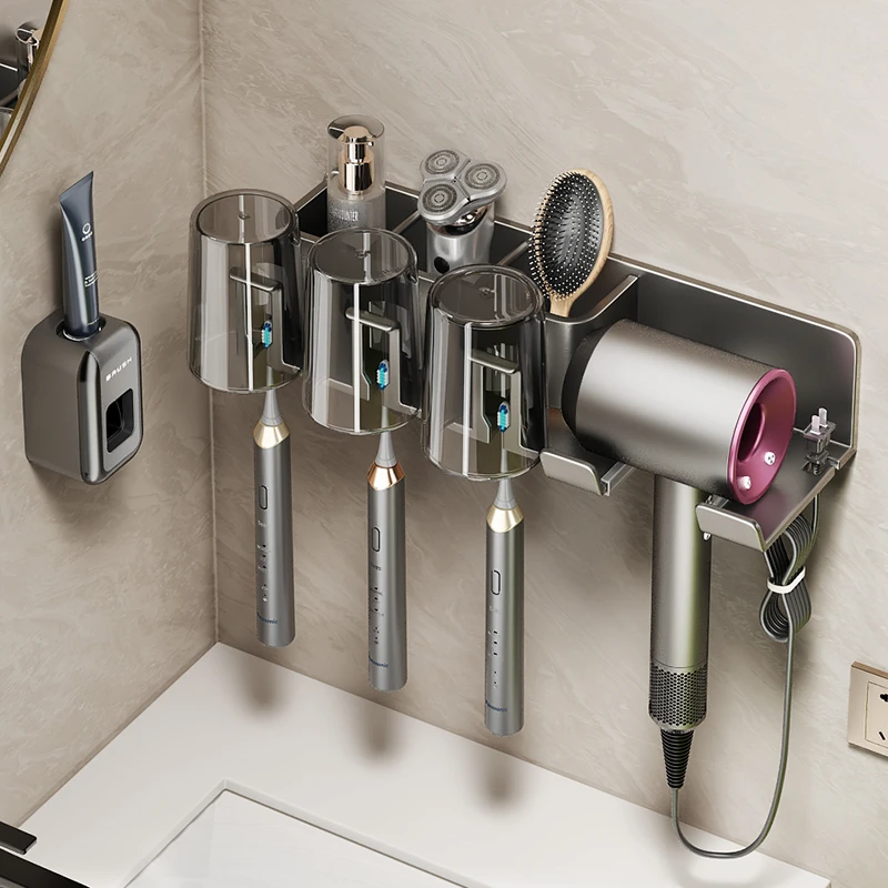 牙刷置物架免打孔卫生间壁挂式吹风机支架牙杯漱口杯浴室套装杯架