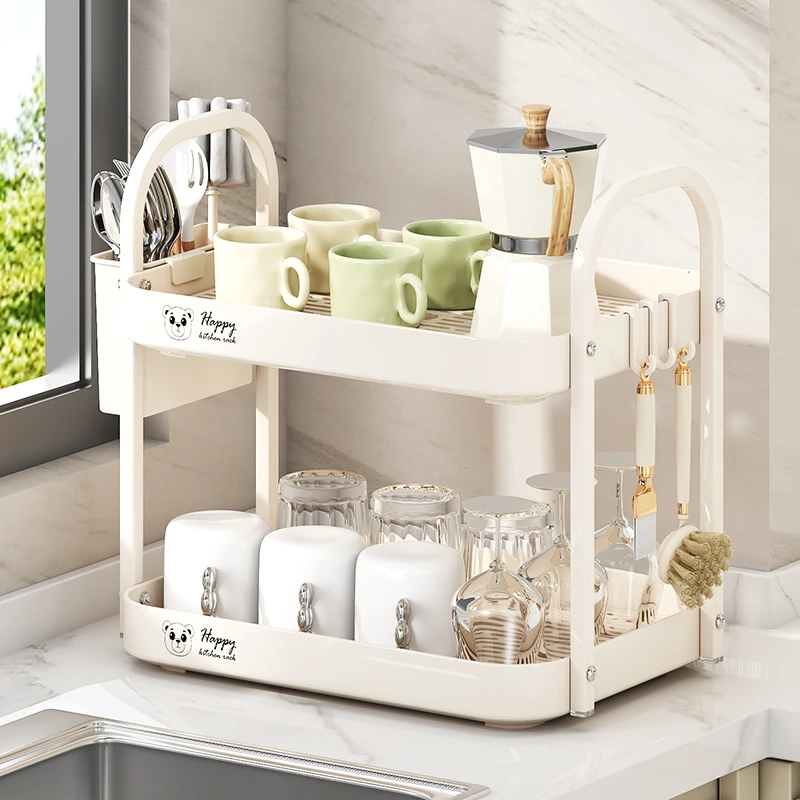 家用双层盘收纳架客厅厨房置物架带沥水托盘水杯架茶杯茶具置物架