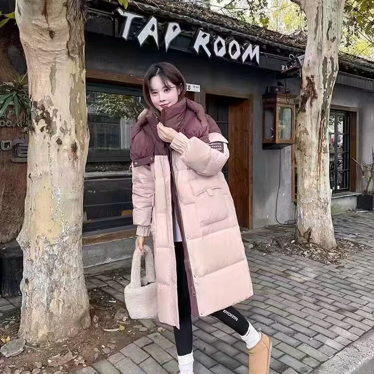 2024冬季新款女撞色长款过膝连帽韩版加厚宽松90白鸭绒外套