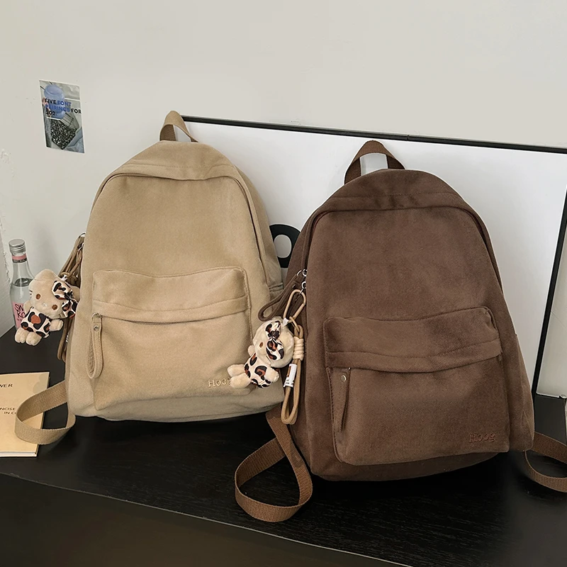 日系ins秋冬复古纯色书包女 高中大学生双肩包百搭旅游休闲小背包