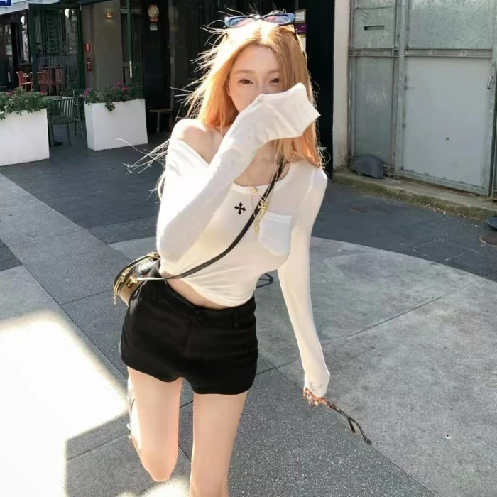 早秋chic上衣女斜肩辣妹修身显瘦内搭纯欲V领薄款弹力长袖T恤