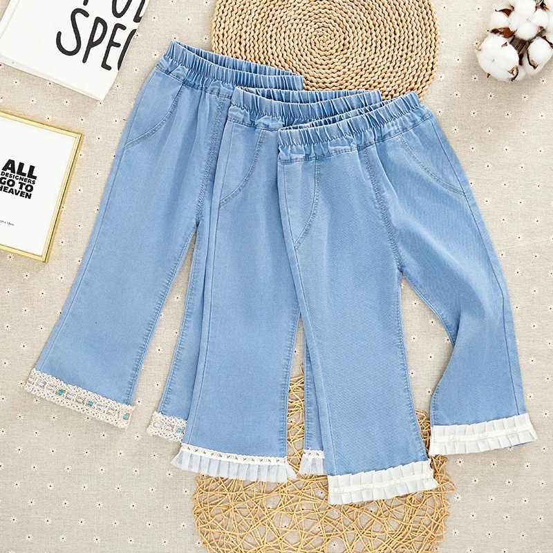 女童裤子夏季薄款女孩天丝牛仔裤儿童夏装小童九分裤冰丝喇叭裤