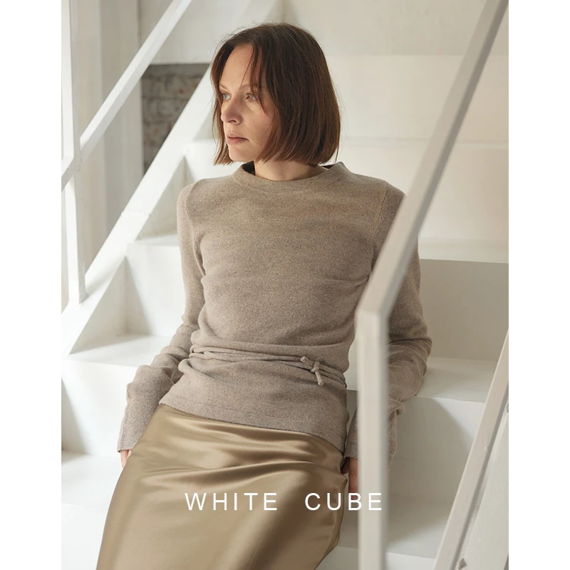 whitecube秋冬新款衣服100羊毛混色烟草棕腰间系带针织衫上衣女装