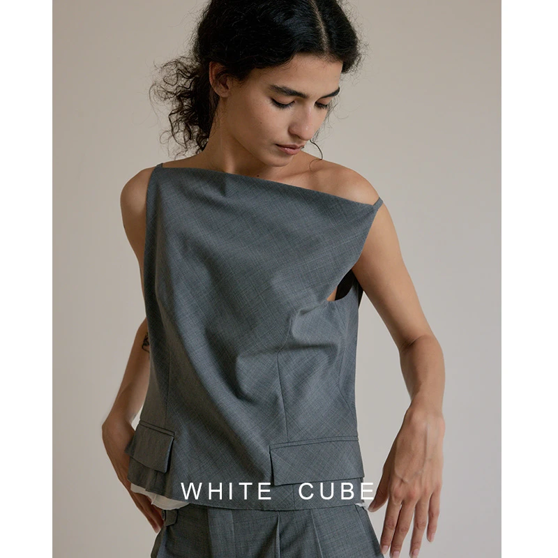 whitecube高端立裁十字纹理麻灰色羊毛混纺西装细肩带背心女上装