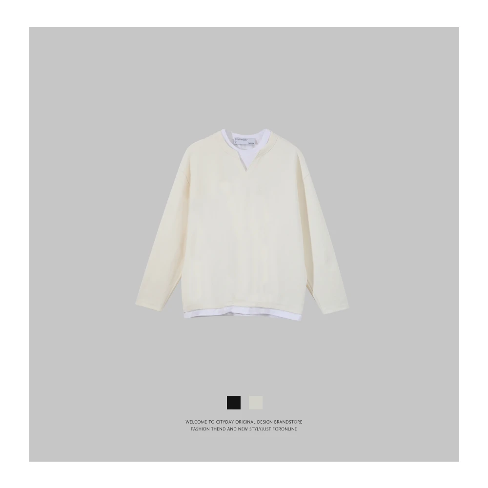 CityDay【楠哥】cleanfit系列 液氨石墨棉 假两件小V领长袖T恤 7793