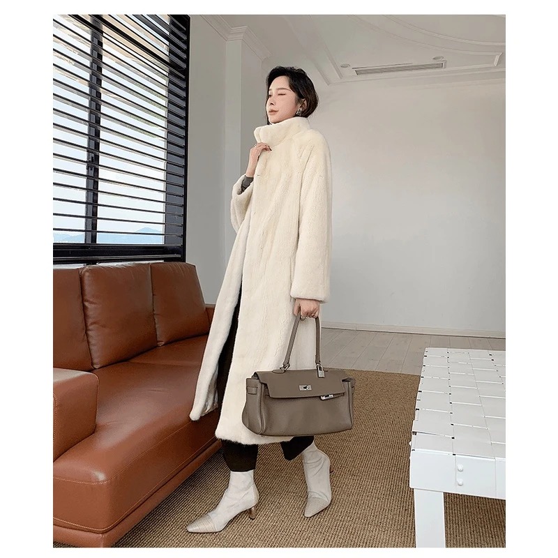 L110立领直身水貂女款冬季长款中长款皮毛女士大衣宽松气质貂皮