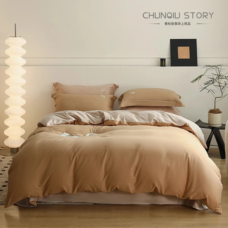 春秋故事全棉纯棉磨毛被套简约风加厚保暖纯色卡通刺绣床品被罩