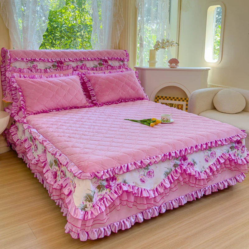 春秋故事新款水晶绒夹棉床裙花边撞色奢华典雅丝滑睡眠款单床裙