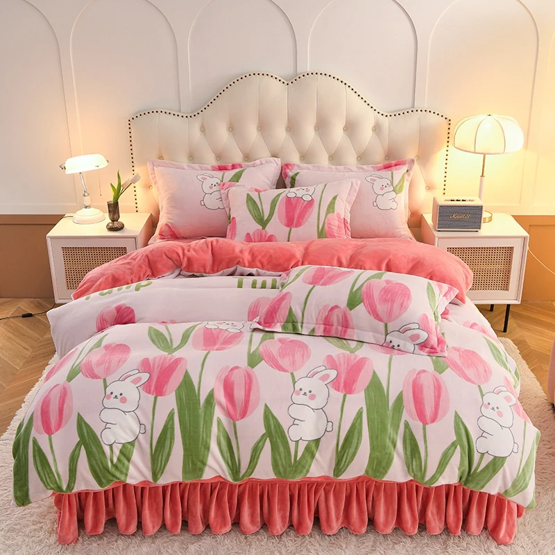 春秋故事冬季新款卡通花卉加厚加绒四件套牛奶绒印花被套-床裙款