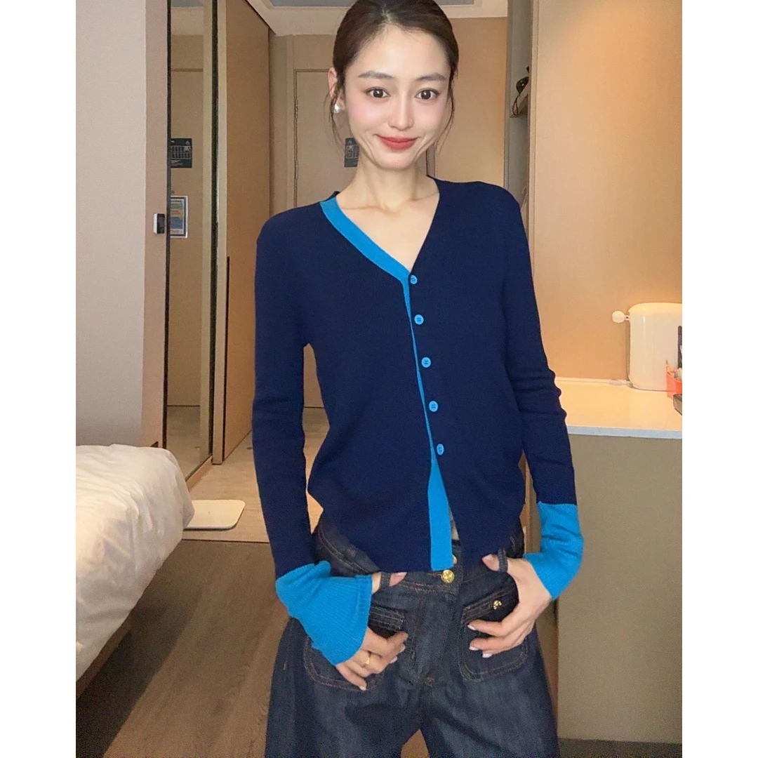 【部分现】V领撞色拼接长袖针织开衫设计感小众修身显瘦上衣M785