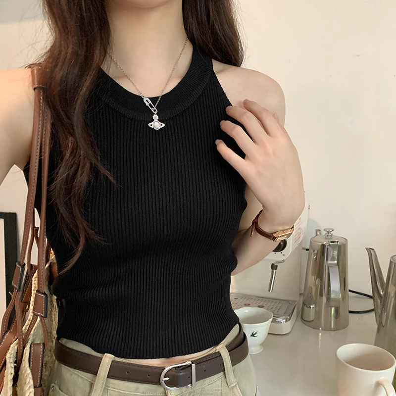 【部分现】法式绝美挂脖式修身针织吊带背心女秋季小众纯欲上衣M383