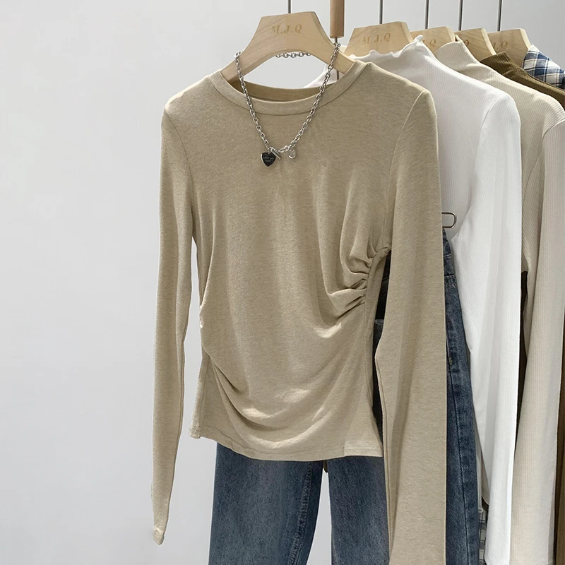 【现货】纯色设计感小众收腰长袖t恤女2024年春款上衣打底衫7570