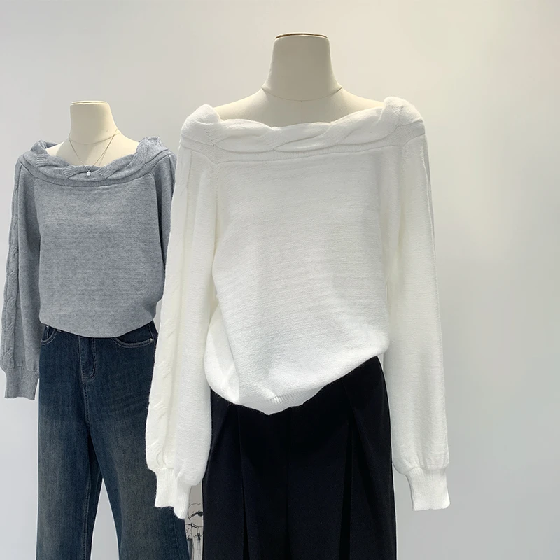 【部分现】2024新款小众露肩一字领长袖针织衫宽松休闲百搭上衣M813