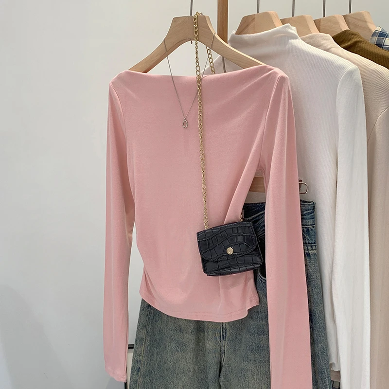 【部分现】一字肩长袖T恤露肩打底衫T恤女秋2024新款百搭上衣240258